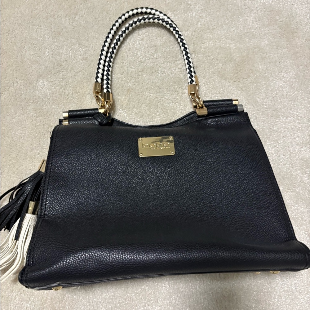 bebe Black Satchel with Gold and White Accents
